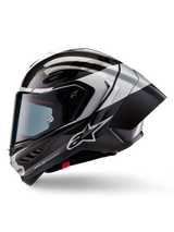 Alpinestars Supertech R10 Element Helmet, Full-Face Motorcycle Racing Helmet, Black Carbon Silver and Black Glossy, side profile view showing carbon fiber weave and aerodynamic rear spoiler, sleek design with Alpinestars branding and professional race finish