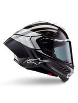 Alpinestars Supertech R10 Element Helmet, Full-Face Motorcycle Racing Helmet, Black Carbon, Silver, and Black Glossy finish, side profile view featuring aerodynamic carbon fiber shell, clear visor, and bold Alpinestars branding