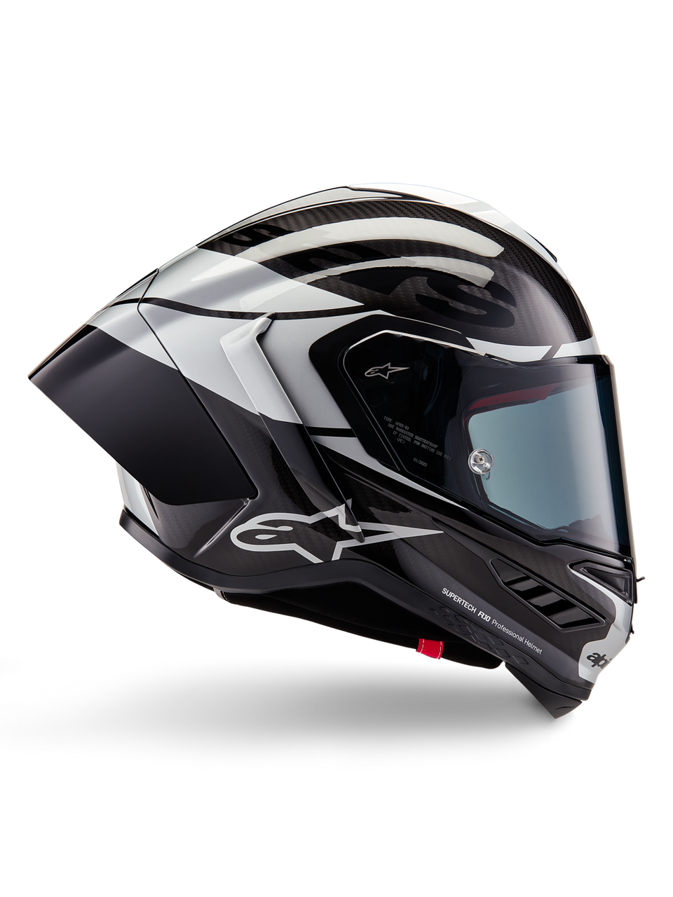 Alpinestars Supertech R10 Element motorcycle helmet in black and silver, side view facing right