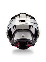 Alpinestars Supertech R10 Element Helmet, Rear View, Black Carbon Silver Black Glossy, featuring aerodynamic spoiler design, DOT certification label, and red interior padding accents, professional racing head protection