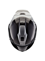 Alpinestars Supertech R10 Element Helmet, top-down view, Black Carbon and Silver, glossy finish with visible carbon fiber weave, aerodynamic vent structure, R10 logo and Alpinestars branding, professional racing motorcycle helmet