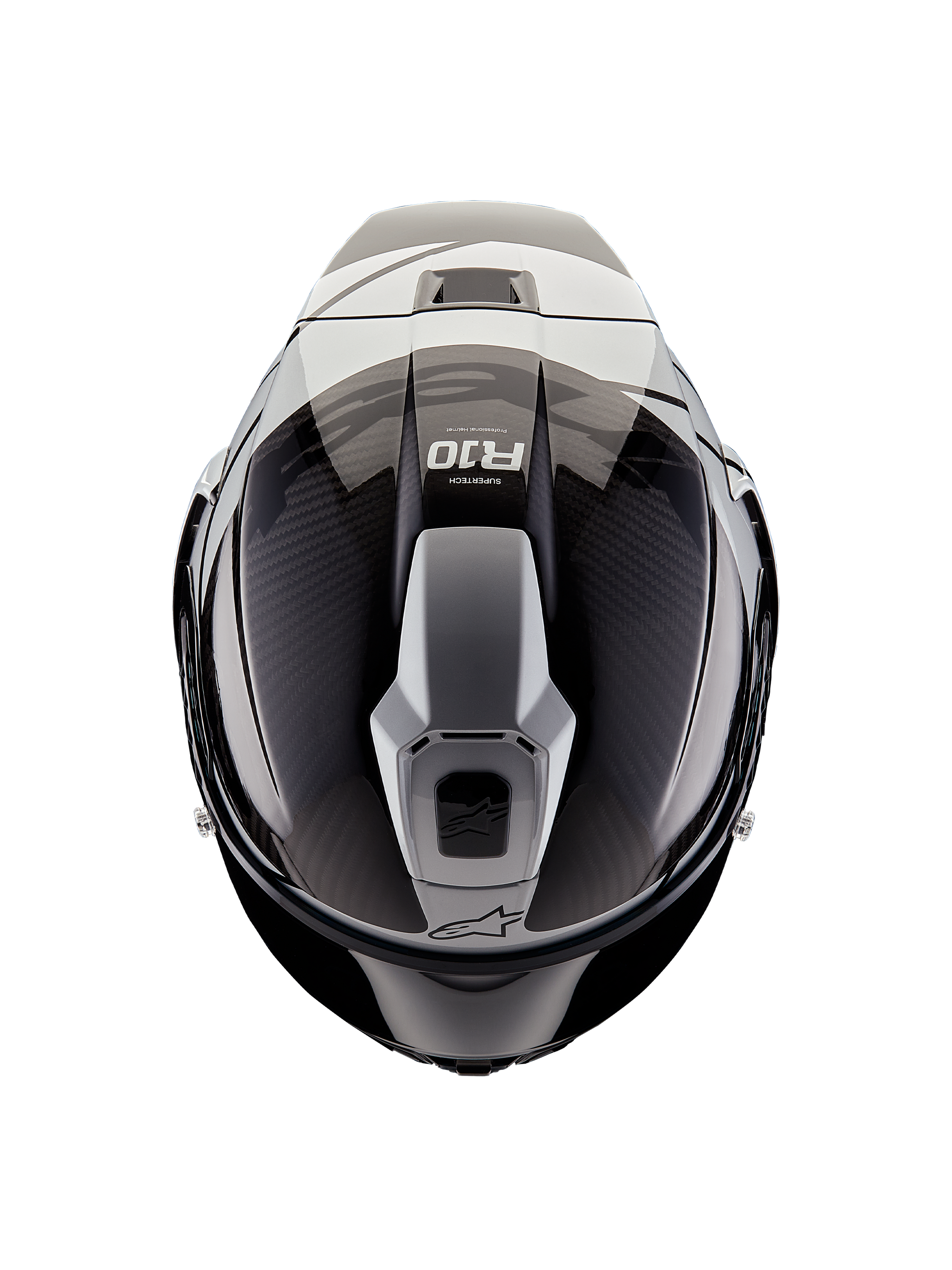 Alpinestars Supertech R10 Element Helmet, top-down view, Black Carbon and Silver, glossy finish with visible carbon fiber weave, aerodynamic vent structure, R10 logo and Alpinestars branding, professional racing motorcycle helmet