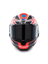 Alpinestars Supertech R10 Miller Limited Edition Helmet, Front view, Full-face racing motorcycle helmet featuring a Carbon Red Matt graphic with white and blue accents, Dark smoke visor, Jack Miller signature design, aerodynamic carbon shell construction
