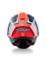 Alpinestars Supertech R10 Miller Limited Edition Helmet, Full-Face Racing Helmet, Carbon Red Matt with blue star graphics, rear view highlighting the 'Thriller 43' logo on the red spoiler, aerodynamic design with certification labels