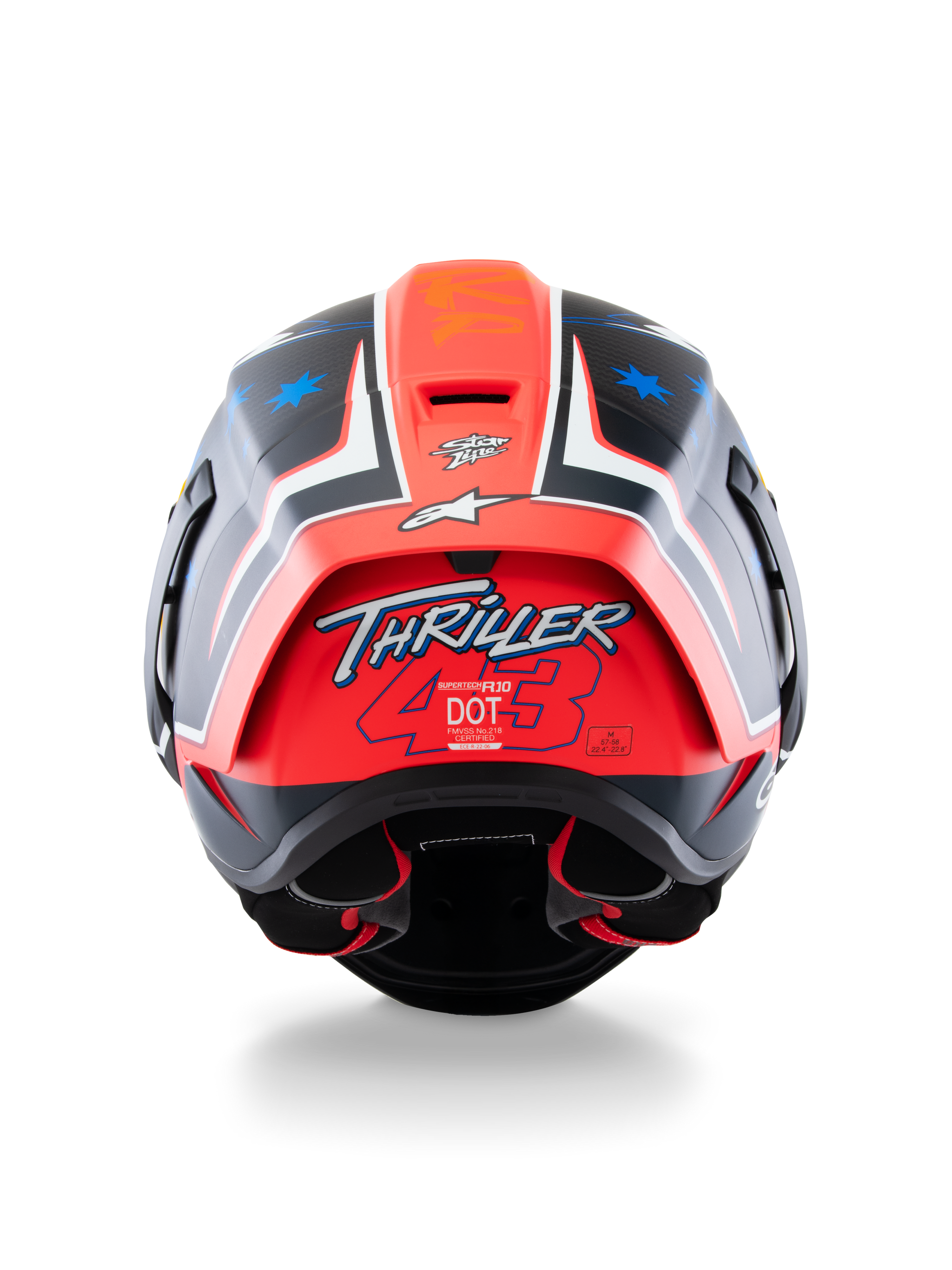 Alpinestars Supertech R10 Miller Limited Edition Helmet, Full-Face Racing Helmet, Carbon Red Matt with blue star graphics, rear view highlighting the 'Thriller 43' logo on the red spoiler, aerodynamic design with certification labels