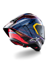 Alpinestars Supertech R10 Martinator Limited Edition Helmet, Blue Purple and Red Glossy finish, rear-side view highlighting aerodynamic racing spoiler, Martinator branding, and yellow visor accents.