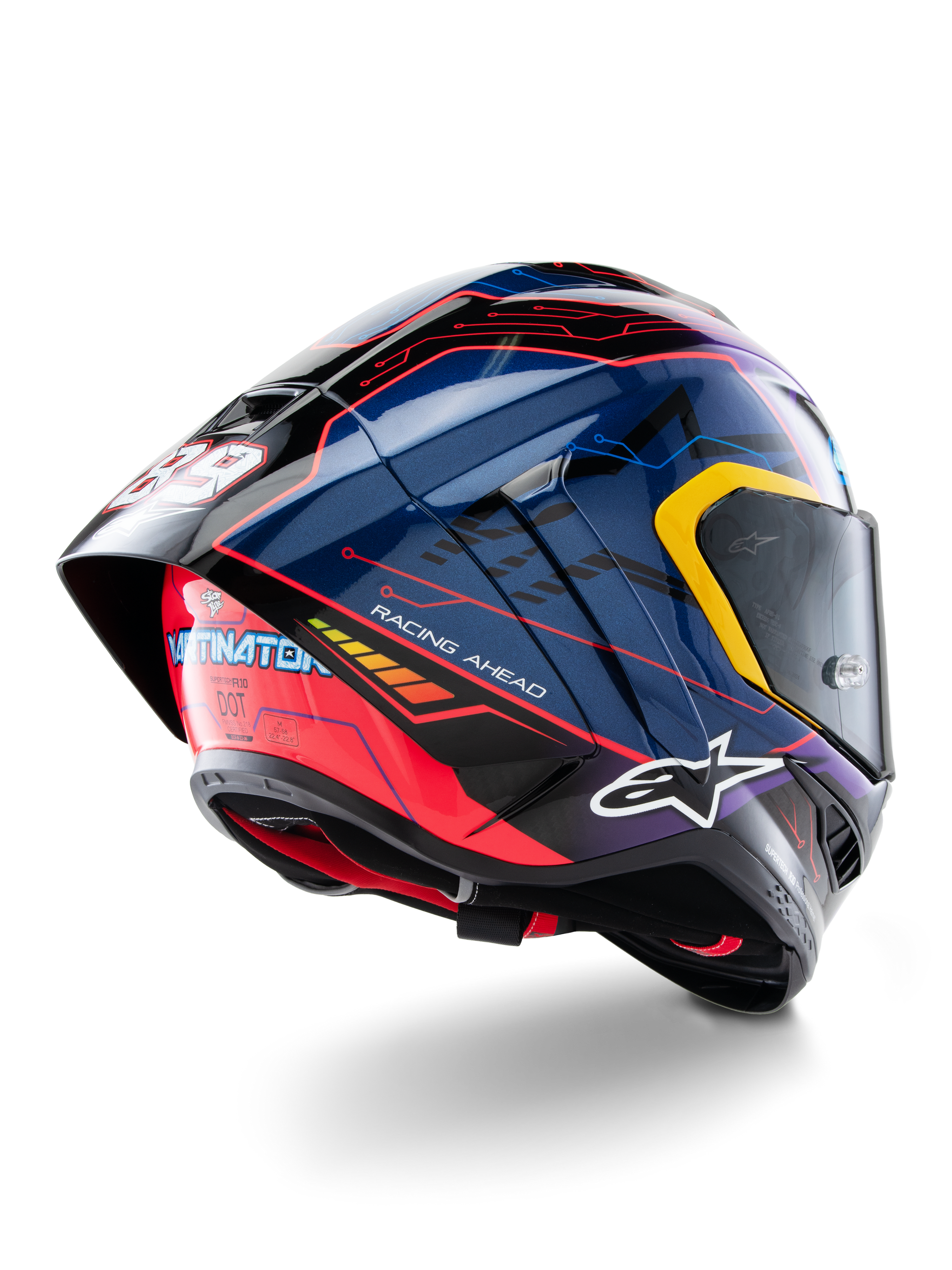 Alpinestars Supertech R10 Martinator Limited Edition Helmet, Blue Purple and Red Glossy finish, rear-side view highlighting aerodynamic racing spoiler, Martinator branding, and yellow visor accents.