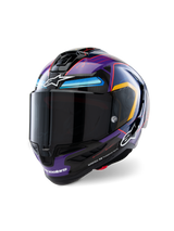 Alpinestars Supertech R10 Martinator Limited Edition Helmet, Full-Face Racing Helmet, Blue Purple and Red Glossy, featuring a tech-inspired circuit pattern and dark smoke visor, aerodynamic carbon fiber shell for professional motorsport performance