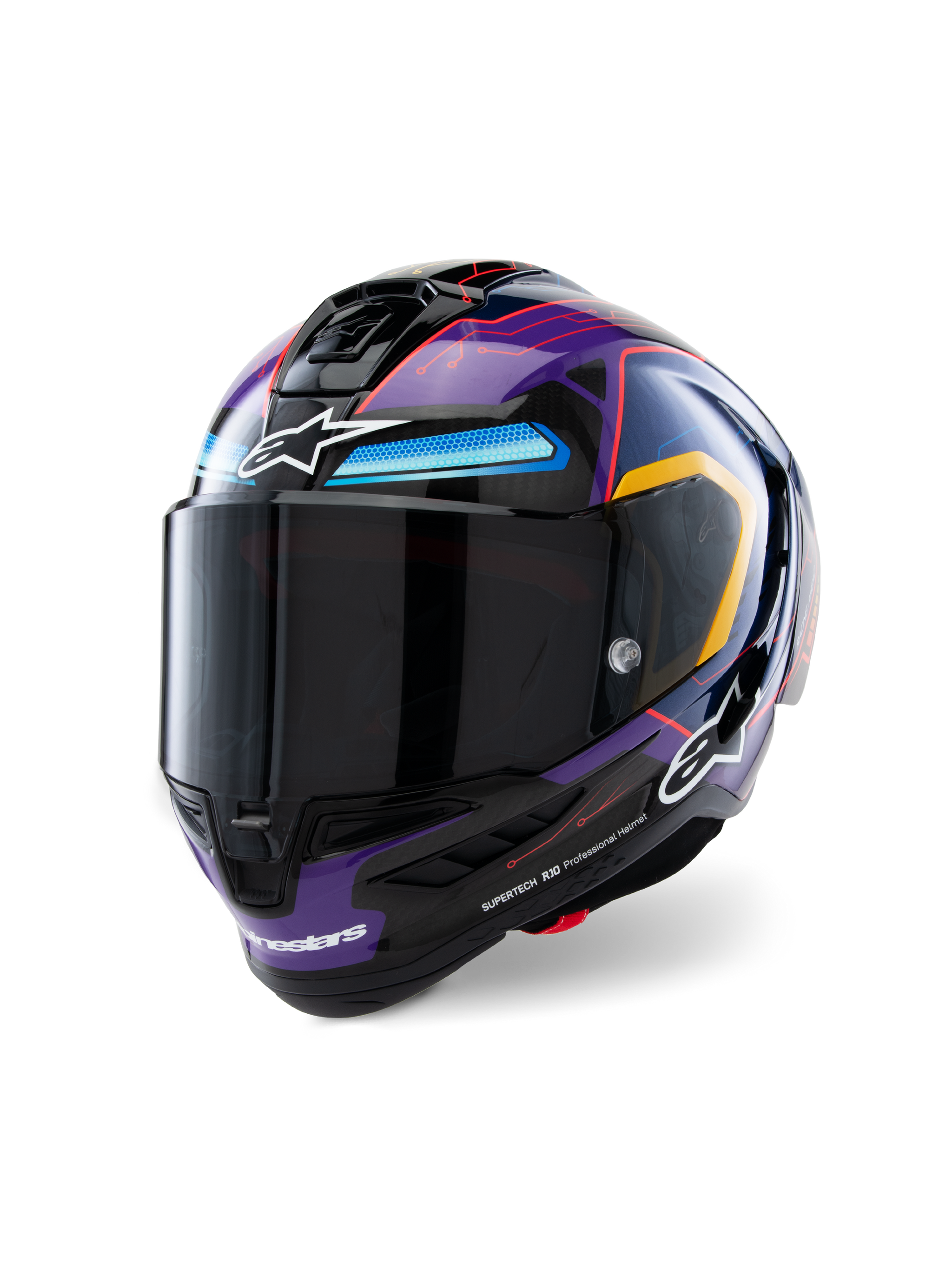Alpinestars Supertech R10 Martinator Limited Edition Helmet, Full-Face Racing Helmet, Blue Purple and Red Glossy, featuring a tech-inspired circuit pattern and dark smoke visor, aerodynamic carbon fiber shell for professional motorsport performance