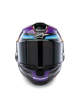 Alpinestars Supertech R10 Martinator Limited Edition Helmet, full-face racing helmet, Blue Purple and Red Glossy, front view featuring vibrant geometric and circuit graphics, white Alpinestars logo on forehead and chin, aerodynamic profile with integrated ventilation and clear visor.