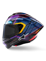 Alpinestars Supertech R10 Martinator Limited Edition Helmet, side profile view, glossy blue and purple finish with red circuit-style graphics and yellow accents, features the white Alpinestars logo and 'RACING AHEAD' text, aerodynamic carbon fiber shell with a dark tinted visor, professional racing and sport motorcycle gear