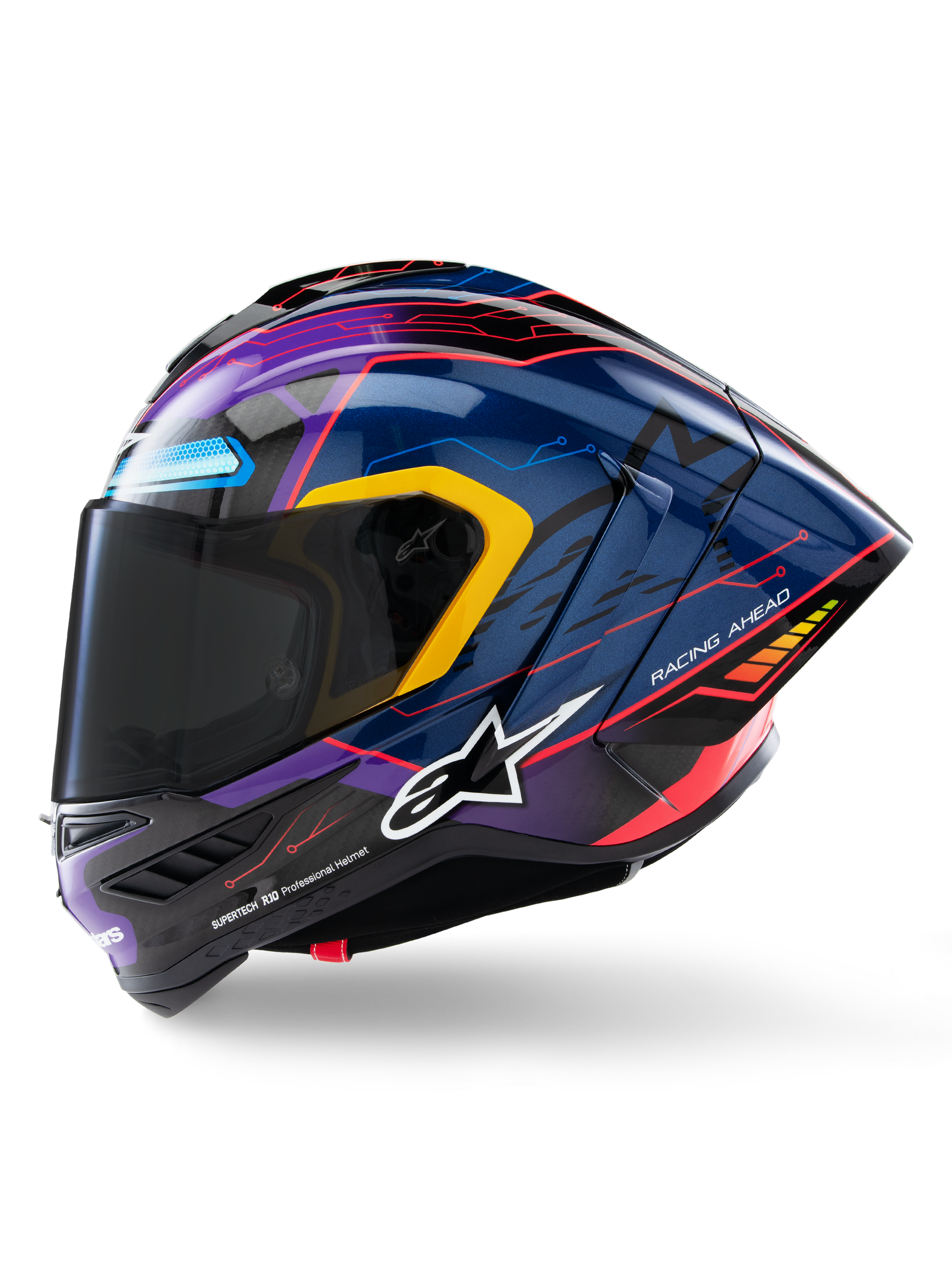 Alpinestars Supertech R10 Martinator Limited Edition Helmet, side profile view, glossy blue and purple finish with red circuit-style graphics and yellow accents, features the white Alpinestars logo and 'RACING AHEAD' text, aerodynamic carbon fiber shell with a dark tinted visor, professional racing and sport motorcycle gear