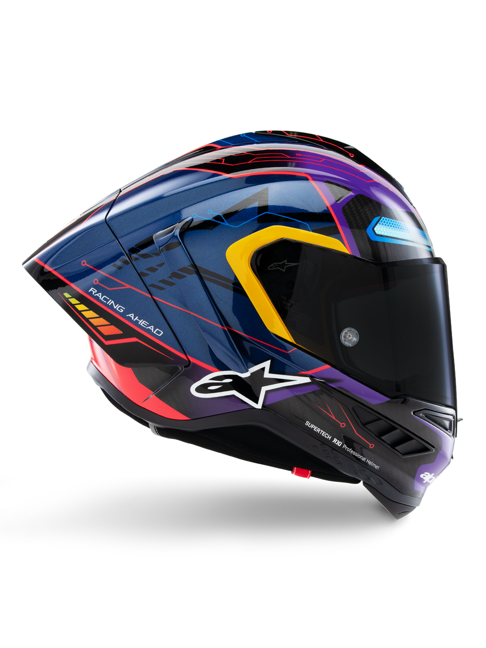 Alpinestars Supertech R10 Martinator Limited Edition Helmet, motorcycle racing helmet, glossy blue and purple with yellow and red accents, dark tinted visor, aerodynamic side profile featuring geometric patterns and 'RACING AHEAD' text, professional racing protection