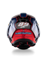 Alpinestars Supertech R10 Martinator Limited Edition Helmet, Rear view, Blue Purple and Red Glossy design, featuring the number 89 and 'Martinator' text, circuit board graphic patterns, professional motorcycle racing helmet
