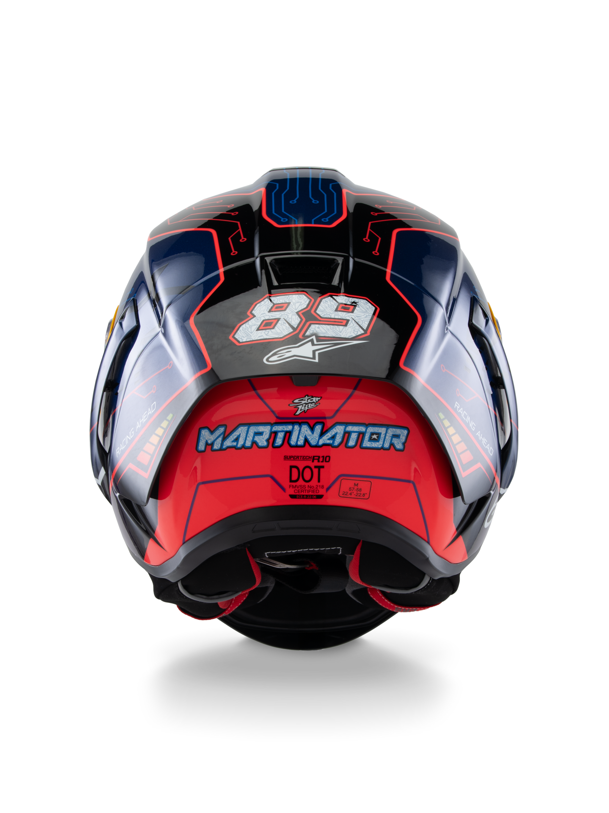 Alpinestars Supertech R10 Martinator Limited Edition Helmet, Rear view, Blue Purple and Red Glossy design, featuring the number 89 and 'Martinator' text, circuit board graphic patterns, professional motorcycle racing helmet