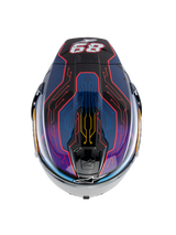 Alpinestars Supertech R10 Martinator Limited Edition Helmet, top-down view, Blue Purple and Red Glossy finish, intricate circuit board graphic patterns in red, blue, and yellow, featuring race number 89 on the rear spoiler, aerodynamic carbon racing design.