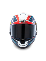 Alpinestars Supertech R10 Acosta Limited Edition Helmet, motorcycle racing helmet featuring a carbon shell, Blue, Red and White Matt colors, ECE 22.06, DOT and FIM certified
