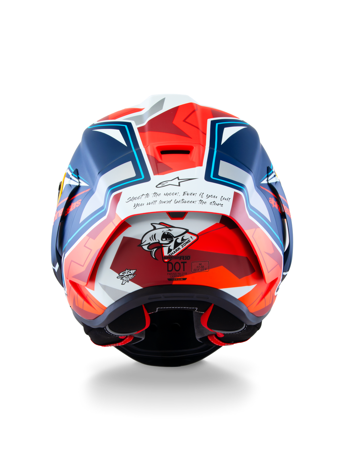 Alpinestars Supertech R10 Acosta Limited Edition Helmet, rear view showing carbon composite construction, shark graphic, and DOT certification, Blue, Red and White, racing motorcycle helmet