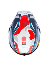 Alpinestars Supertech R10 Acosta Limited Edition Helmet, top view of the carbon racing helmet in Blue Red White Matt with aerodynamic spoiler and race graphics, ECE 22.06 and FIM certified