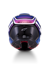 Alpinestars S-R7 Zeal Helmet ECE 22.06, full face motorcycle road helmet, rear view, Black, Blue, and Pink Fluo with White Glossy finish, carbon composite construction