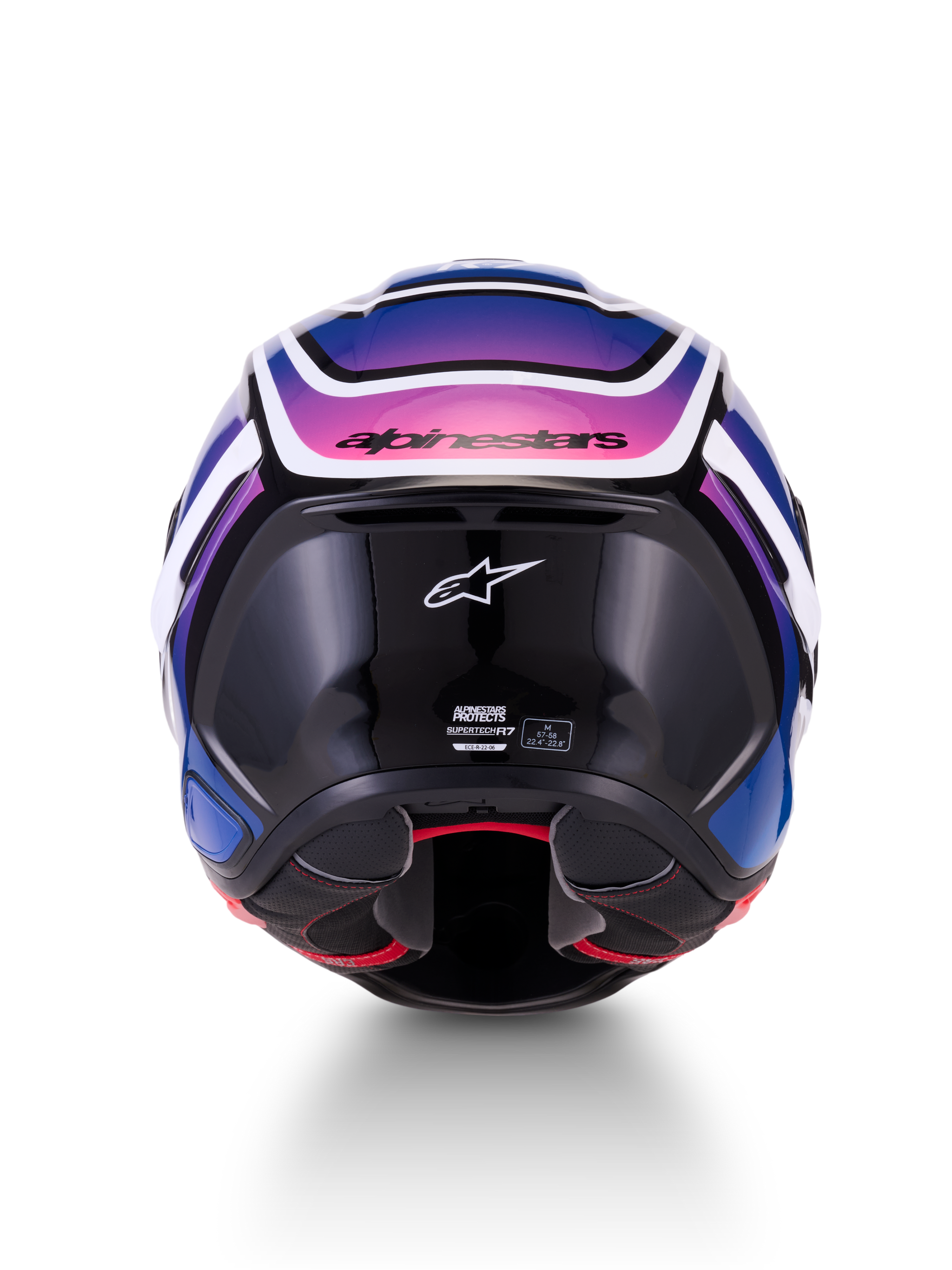 Alpinestars S-R7 Zeal Helmet ECE 22.06, full face motorcycle road helmet, rear view, Black, Blue, and Pink Fluo with White Glossy finish, carbon composite construction