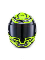 Alpinestars S-R7 Zeal Helmet ECE 22.06, full-face road racing motorcycle helmet in Yellow Fluo, Black, and White with glossy finish, featuring carbon construction and aerodynamic visor design