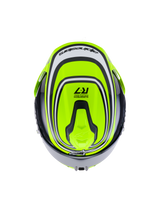 Alpinestars S-R7 Zeal Helmet ECE 22.06, full-face road motorcycle helmet in Yellow Fluo, Black, and White Glossy, top-down view highlighting aerodynamic design, ventilation vents, and Supertech R7 branding details