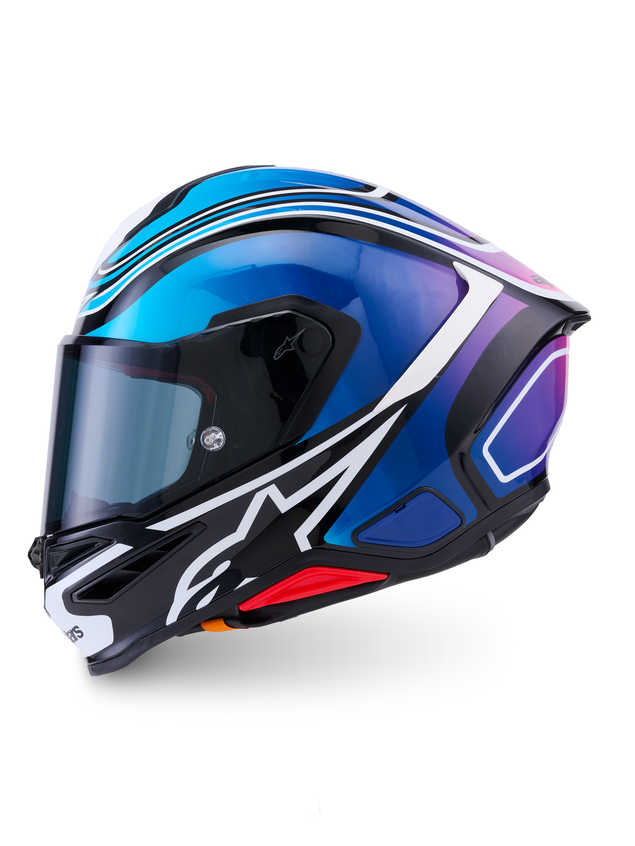 Alpinestars S-R7 Zeal Helmet ECE 22.06, full-face road racing motorcycle helmet in Black, Blue, Pink Fluo, and White Glossy, carbon construction