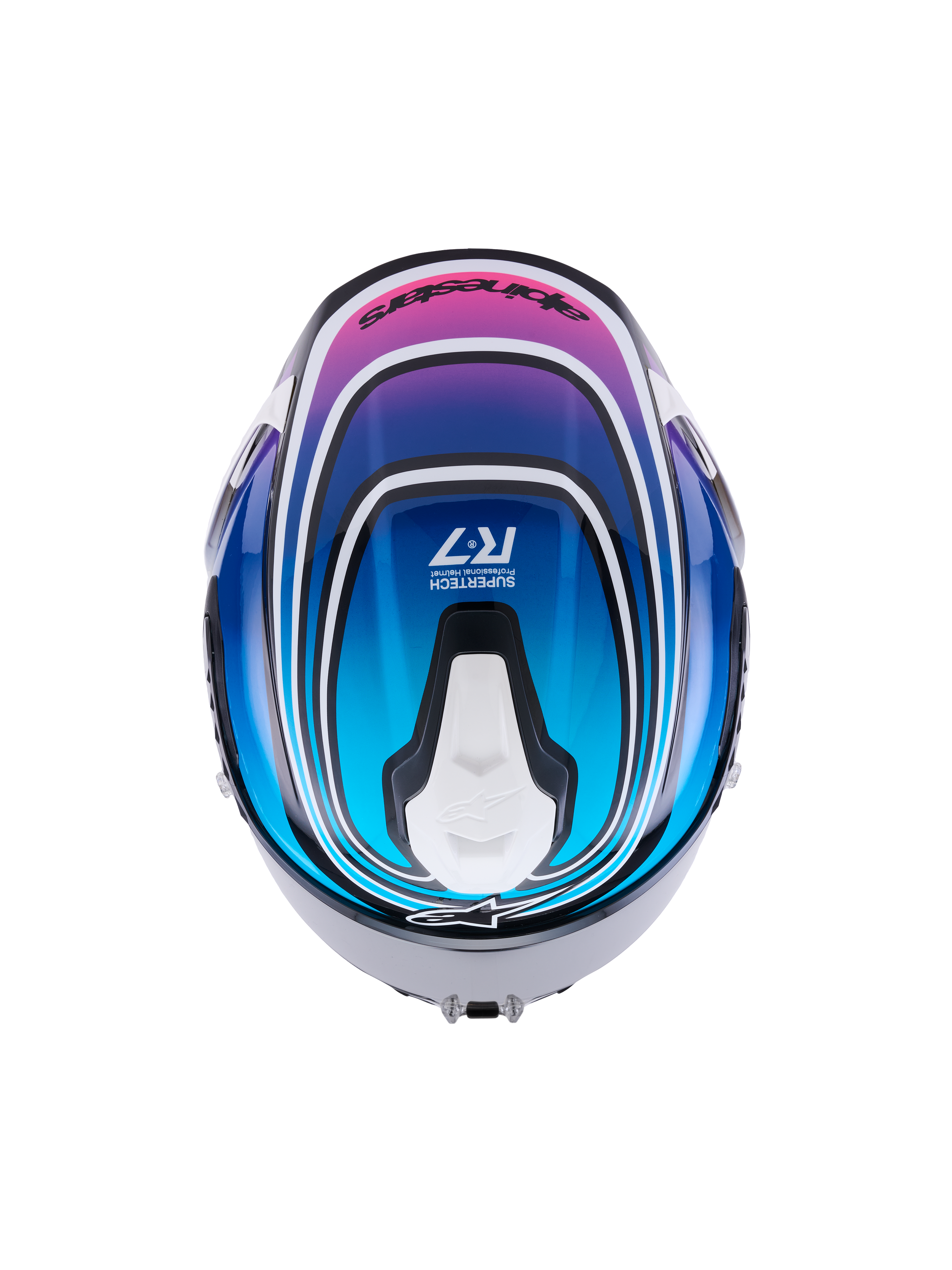 Alpinestars S-R7 Zeal Helmet ECE 22.06, full face motorcycle racing helmet, top view showing black, blue, pink, and white glossy graphic finish with aerodynamic ventilation features
