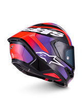 Alpinestars S-R7 Lumen Helmet ECE 22.06, full-face road racing motorcycle helmet in Black, Purple, Red Fluo, and White Glossy, featuring carbon composite construction and aerodynamic design