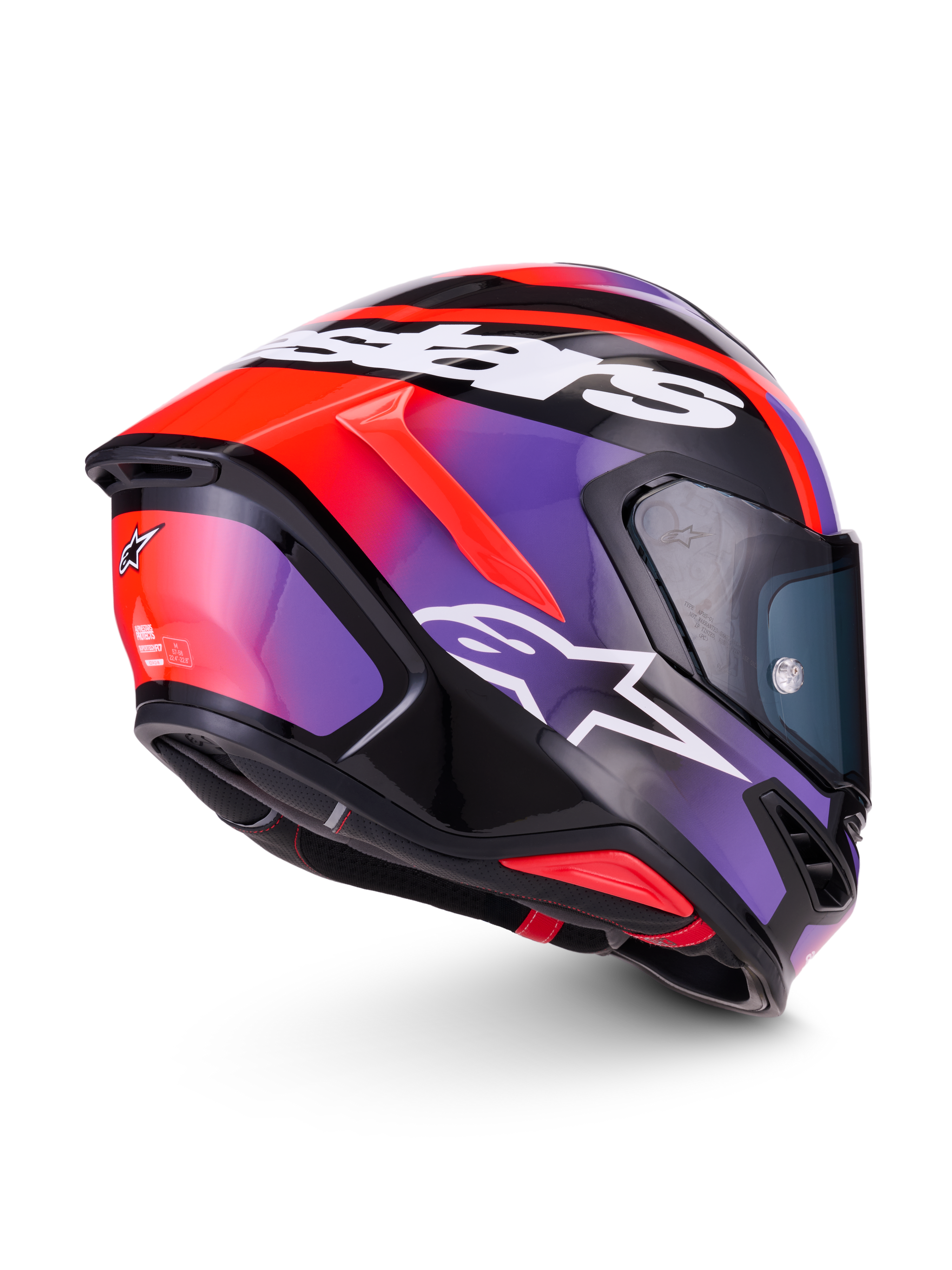 Alpinestars S-R7 Lumen Helmet ECE 22.06, full-face road racing motorcycle helmet in Black, Purple, Red Fluo, and White Glossy, featuring carbon composite construction and aerodynamic design