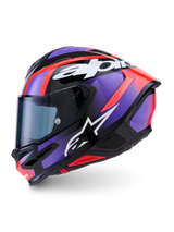 Alpinestars S-R7 Lumen Helmet ECE 22.06, full-face road racing motorcycle helmet in Black, Purple, Red Fluo, and White Glossy with carbon composite construction and aerodynamic design