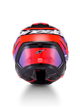 Alpinestars S-R7 Lumen Helmet ECE 22.06, full face motorcycle racing helmet, rear view showing carbon composite construction and aerodynamic spoiler in Black, Purple, Red Fluo, and White Glossy