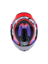 Alpinestars S-R7 Lumen Helmet ECE 22.06, full-face motorcycle racing helmet, top view showing carbon composite construction in black, purple, red fluo, and glossy white