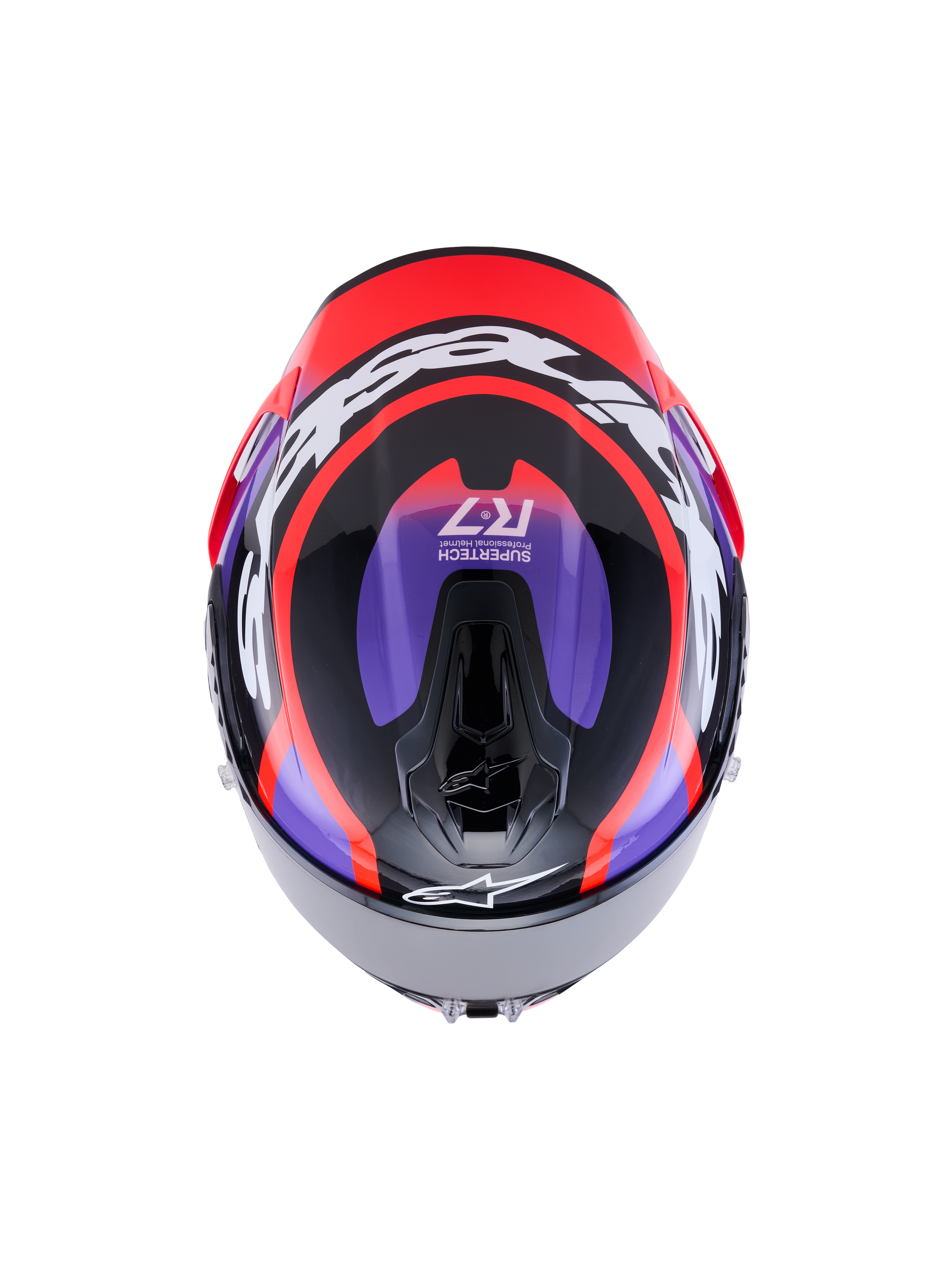 Alpinestars S-R7 Lumen Helmet ECE 22.06, full-face motorcycle racing helmet, top view showing carbon composite construction in black, purple, red fluo, and glossy white