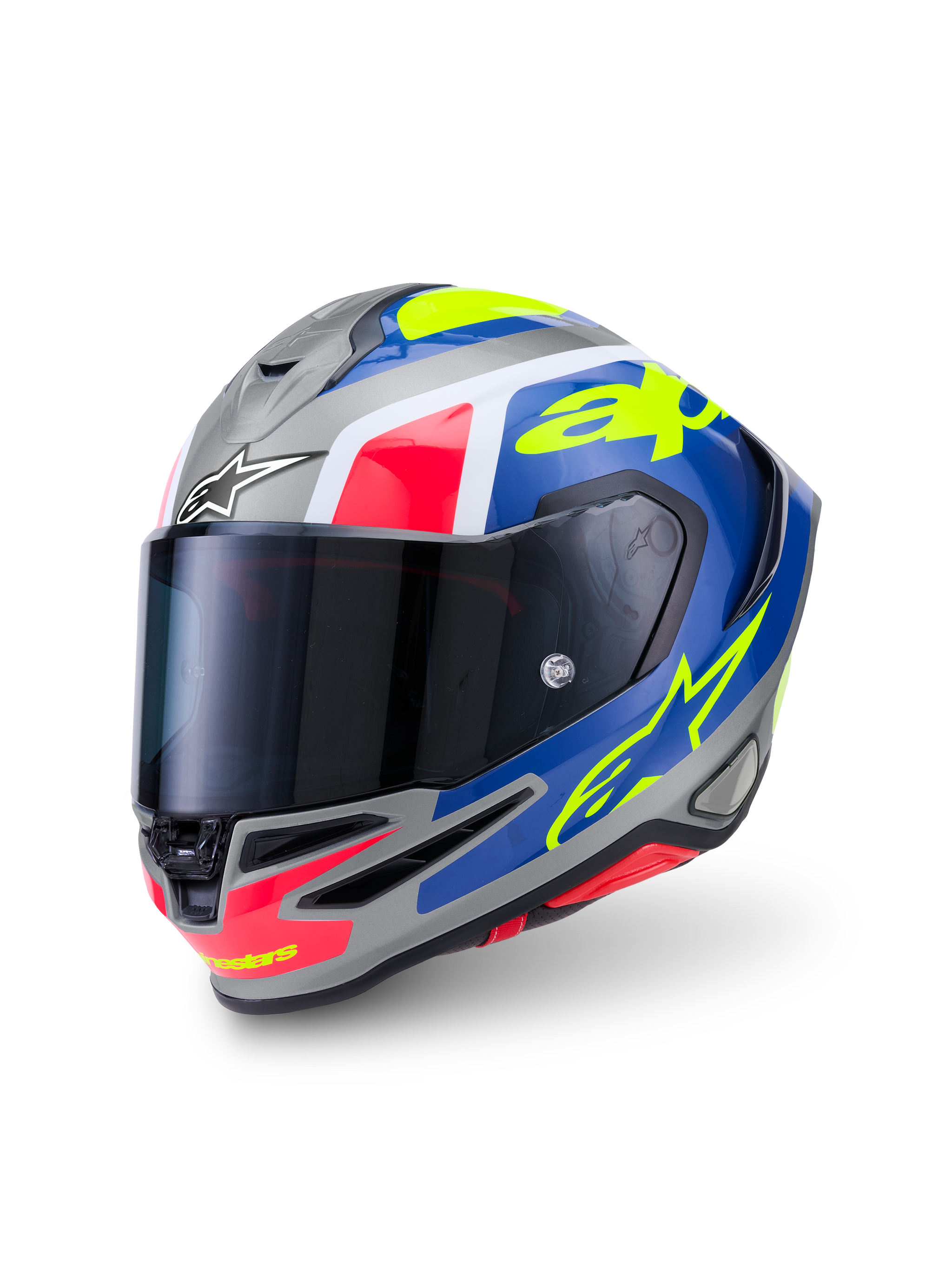 Alpinestars S-R7 Lumen Helmet ECE 22.06, full face motorcycle racing helmet, Silver, Blue, Pink, and Yellow glossy finish, carbon composite construction