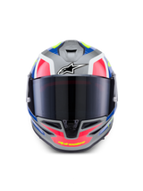 Alpinestars S-R7 Lumen Helmet ECE 22.06, full face motorcycle racing helmet, silver, pink, and yellow gloss finish with aerodynamic design and tinted visor