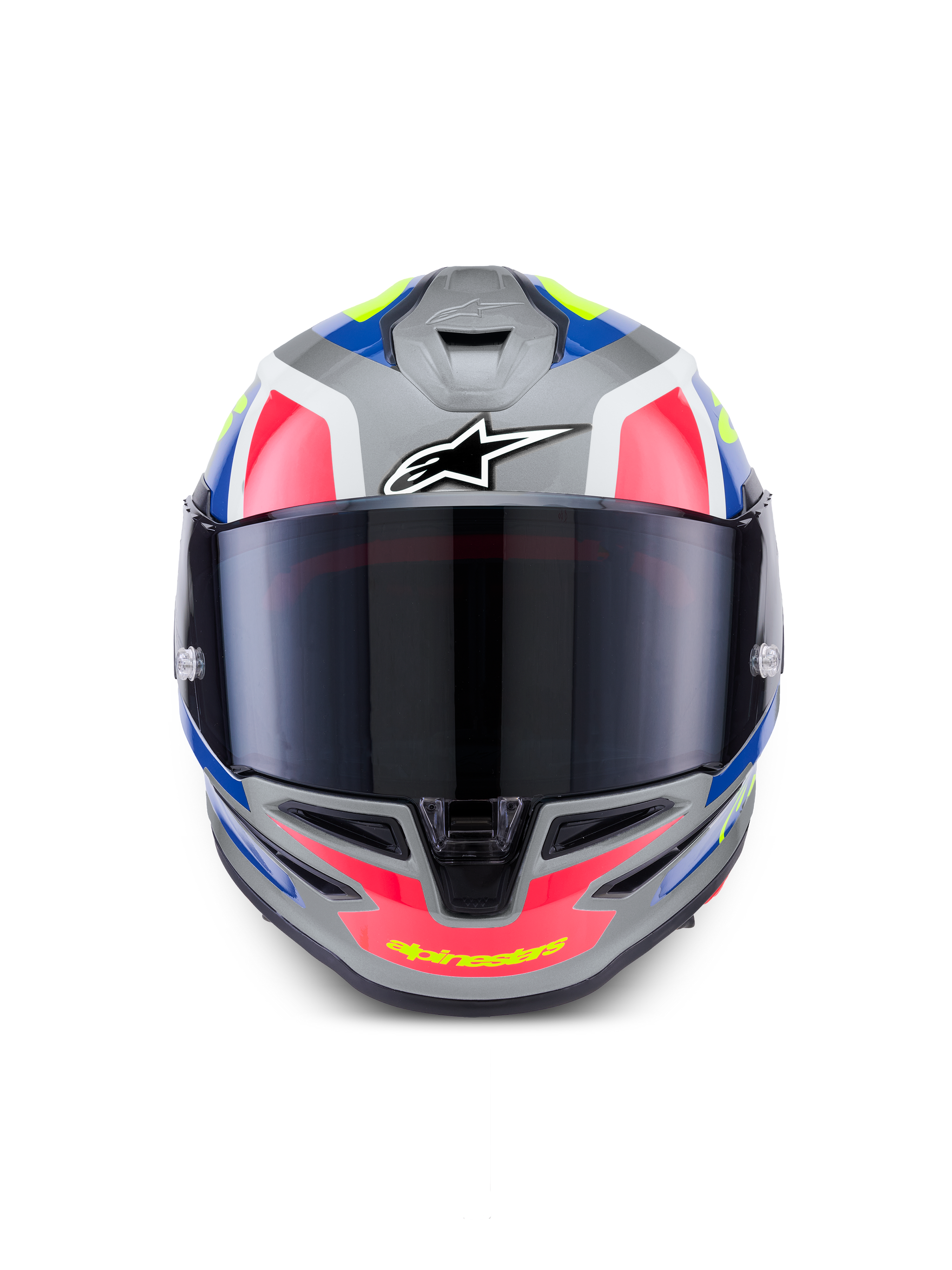 Alpinestars S-R7 Lumen Helmet ECE 22.06, full face motorcycle racing helmet, silver, pink, and yellow gloss finish with aerodynamic design and tinted visor