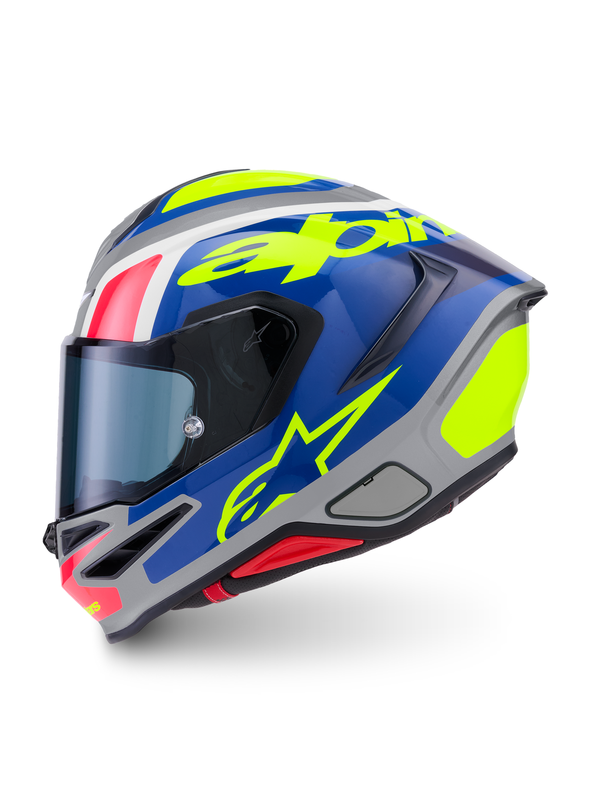 Alpinestars S-R7 Lumen Helmet ECE 22.06, full face motorcycle racing helmet, Silver, Blue, Pink, and Yellow Glossy, aerodynamic carbon composite construction