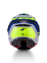 Alpinestars S-R7 Lumen Helmet ECE 22.06, motorcycle road racing helmet, rear view showcasing aerodynamic design, silver, blue, pink, and yellow glossy finish with Alpinestars branding and safety certification details