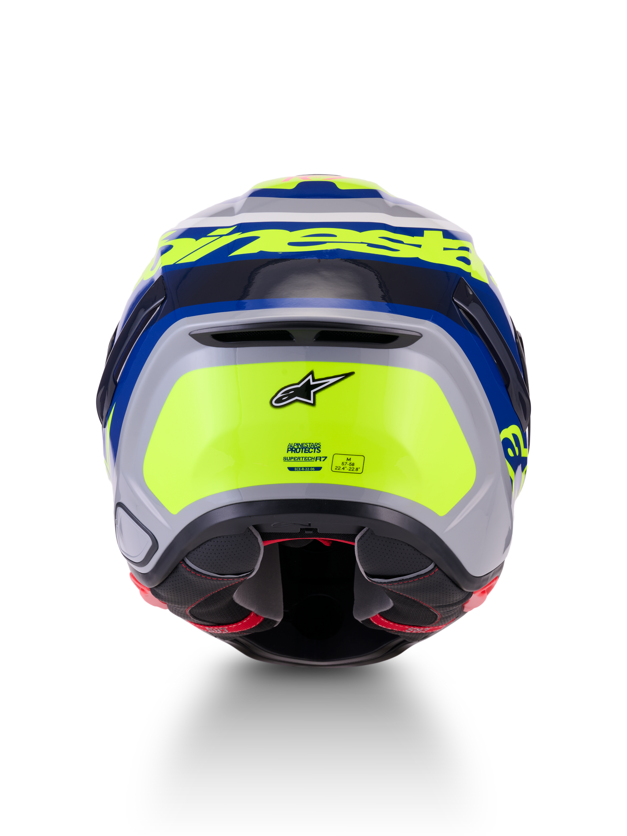 Alpinestars S-R7 Lumen Helmet ECE 22.06, motorcycle road racing helmet, rear view showcasing aerodynamic design, silver, blue, pink, and yellow glossy finish with Alpinestars branding and safety certification details