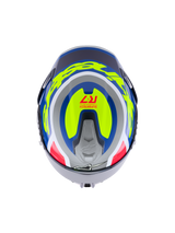 Alpinestars S-R7 Lumen Helmet ECE 22.06, full face motorcycle racing helmet, top view showing silver, blue, pink, and yellow glossy carbon composite graphics