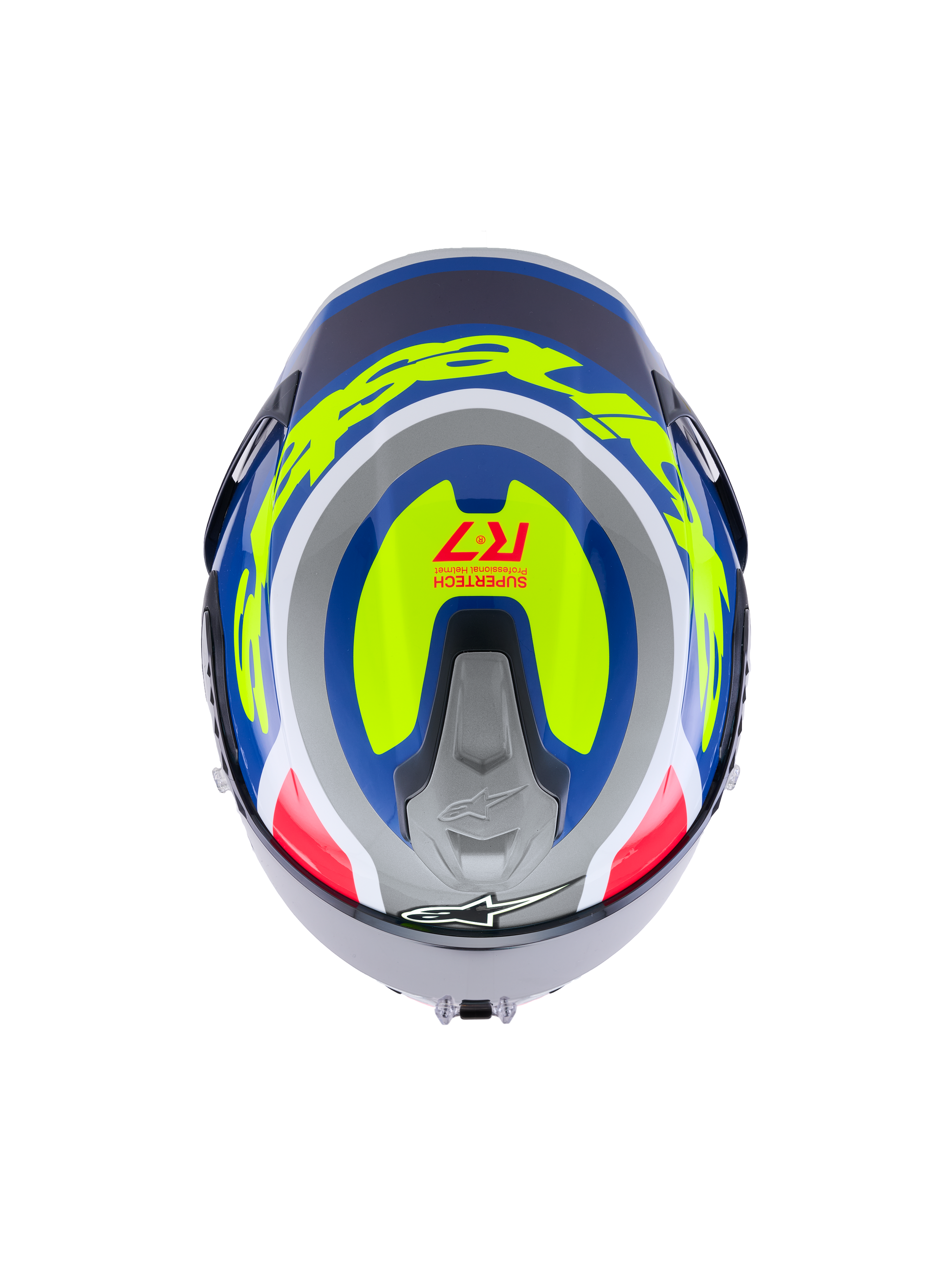 Alpinestars S-R7 Lumen Helmet ECE 22.06, full face motorcycle racing helmet, top view showing silver, blue, pink, and yellow glossy carbon composite graphics