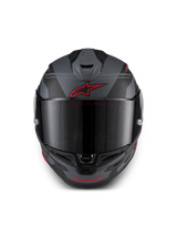 Alpinestars S-R7 A-Core Helmet ECE 22.06, full face motorcycle racing helmet, Black, Gray, and Red, front view featuring aerodynamic ventilation and clear visor