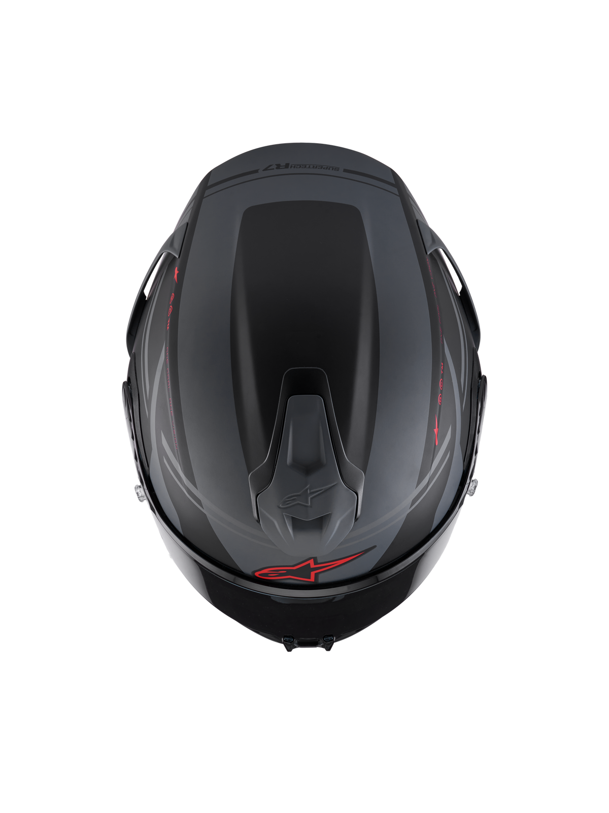 Alpinestars S-R7 A-Core Helmet ECE 22.06, full face motorcycle racing helmet, top view showing aerodynamic spoiler and ventilation, matte black, gray, and red