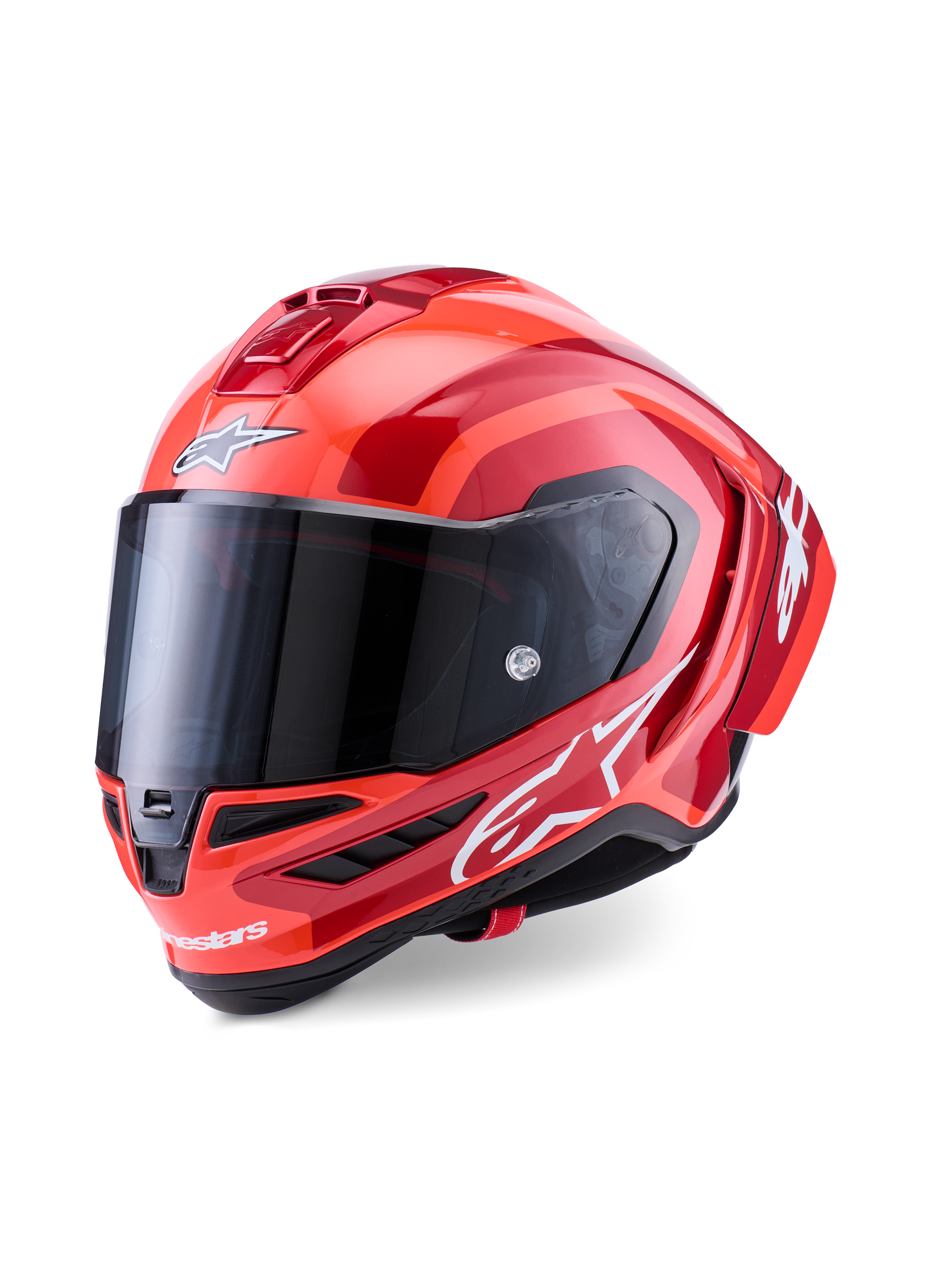 Alpinestars Supertech R10 Arius Helmet, Full-face Racing Helmet, Red and Orange Glossy, featuring white Alpinestars logos, dark tinted visor, aerodynamic carbon composite design with multi-vent cooling system