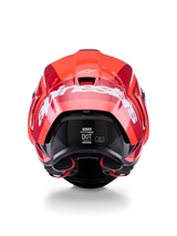 Alpinestars Supertech R10 Arius Helmet, Rear View, Glossy Red and Dark Red design, Large white Alpinestars wordmark across the back, DOT and ECE certification labels visible, high-performance aerodynamic racing helmet