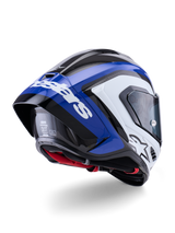 Alpinestars Supertech R10 Arius Helmet, Full-Face Racing Helmet, Black White and Blue Glossy, rear three-quarter view showing the aerodynamic spoiler, visible carbon fiber texture, and prominent white Alpinestars branding