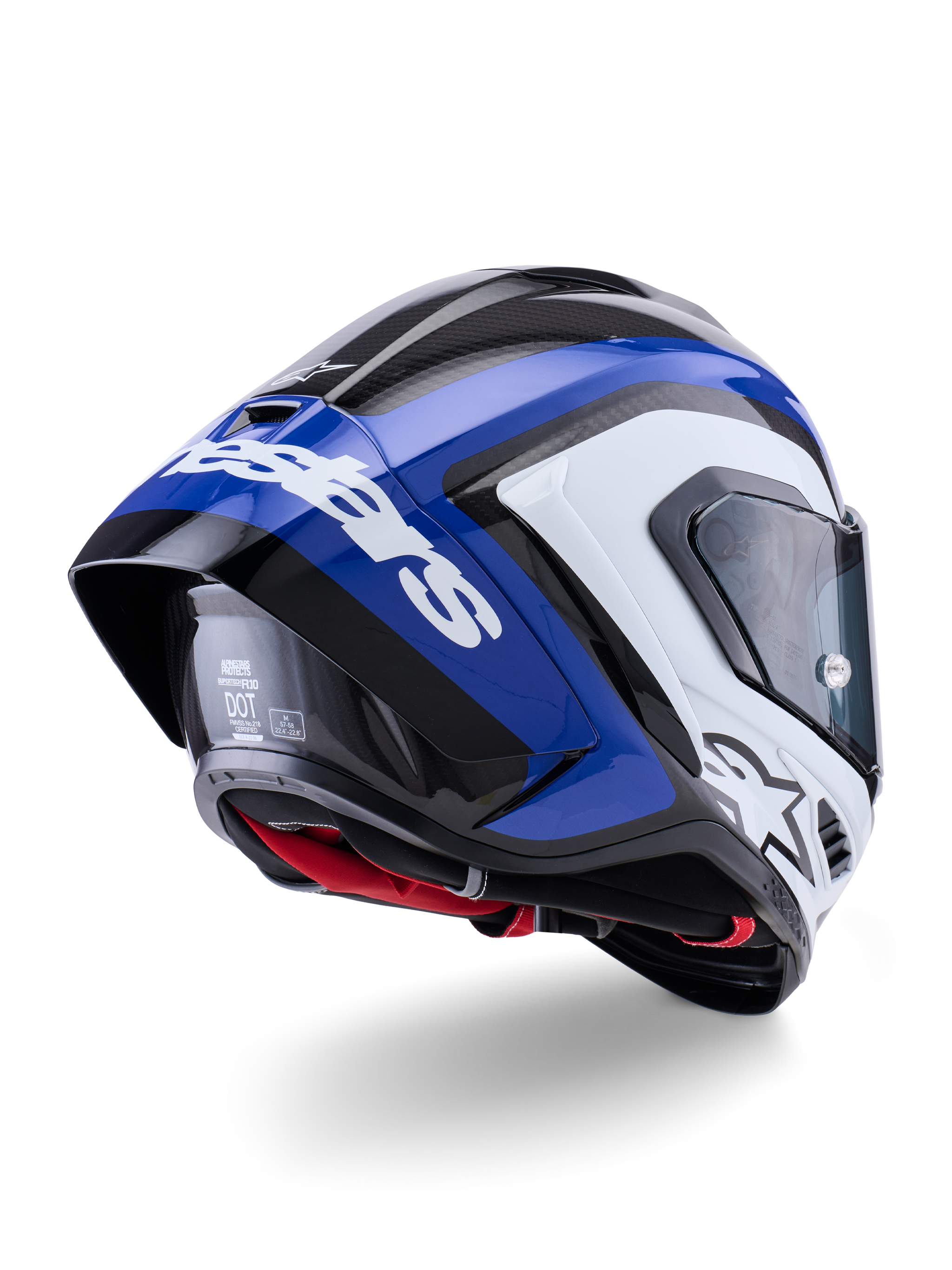 Alpinestars Supertech R10 Arius Helmet, Full-Face Racing Helmet, Black White and Blue Glossy, rear three-quarter view showing the aerodynamic spoiler, visible carbon fiber texture, and prominent white Alpinestars branding