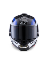 Alpinestars Supertech R10 Arius Helmet, Full-Face Racing Helmet, Black White and Blue Glossy, front view with dark smoke visor, featuring visible carbon fiber texture on the top shell, white Alpinestars logo branding on forehead and chin, sleek aerodynamic design for professional racing